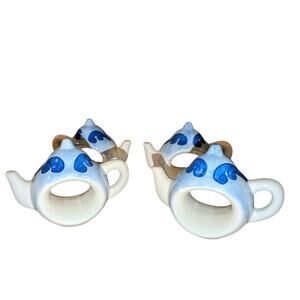 Set of Four Blue White Ceramic Teapot Napkin Rings/Holders NWOT